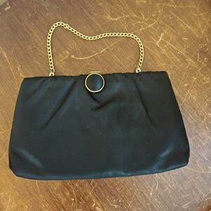 Vintage 1960s Black Satin Clutch with Gold Chain